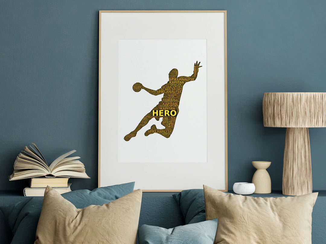Beispiel für ein Wordcloud-Poster: Wortwolke in Handball-Silhouette